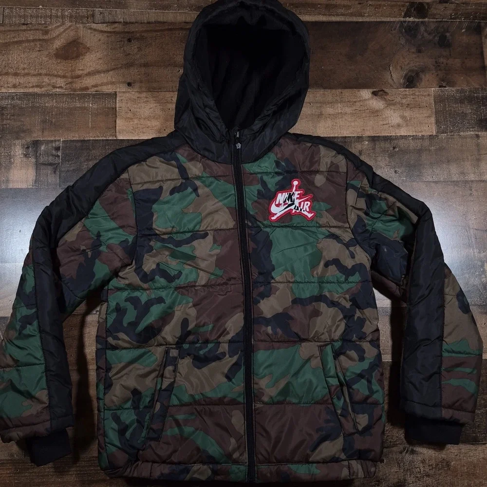 Air Jordan Puffer Jacket Youth Large 12-13 Camo Y2K Kids Hooded Jumpman Patch